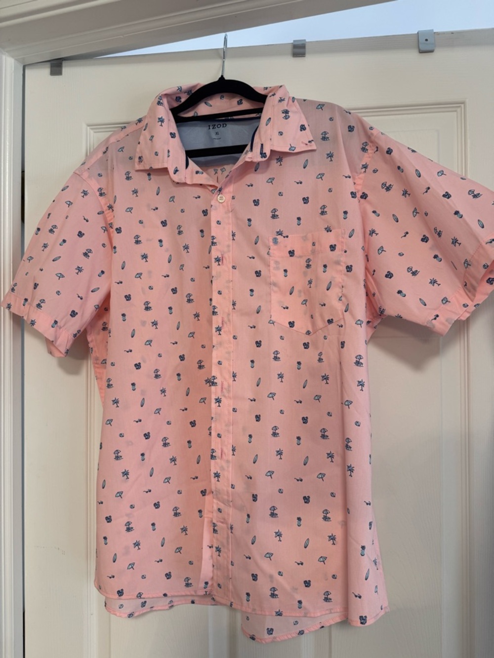 Izod Men’s Pink Short-Sleeve Button-Down Shirt with Navy Micro Print